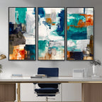 Blue Teal Abstract Canvas Wall Art, Modern Brushstroke Style Print, Navy Orange Contemporary Decor