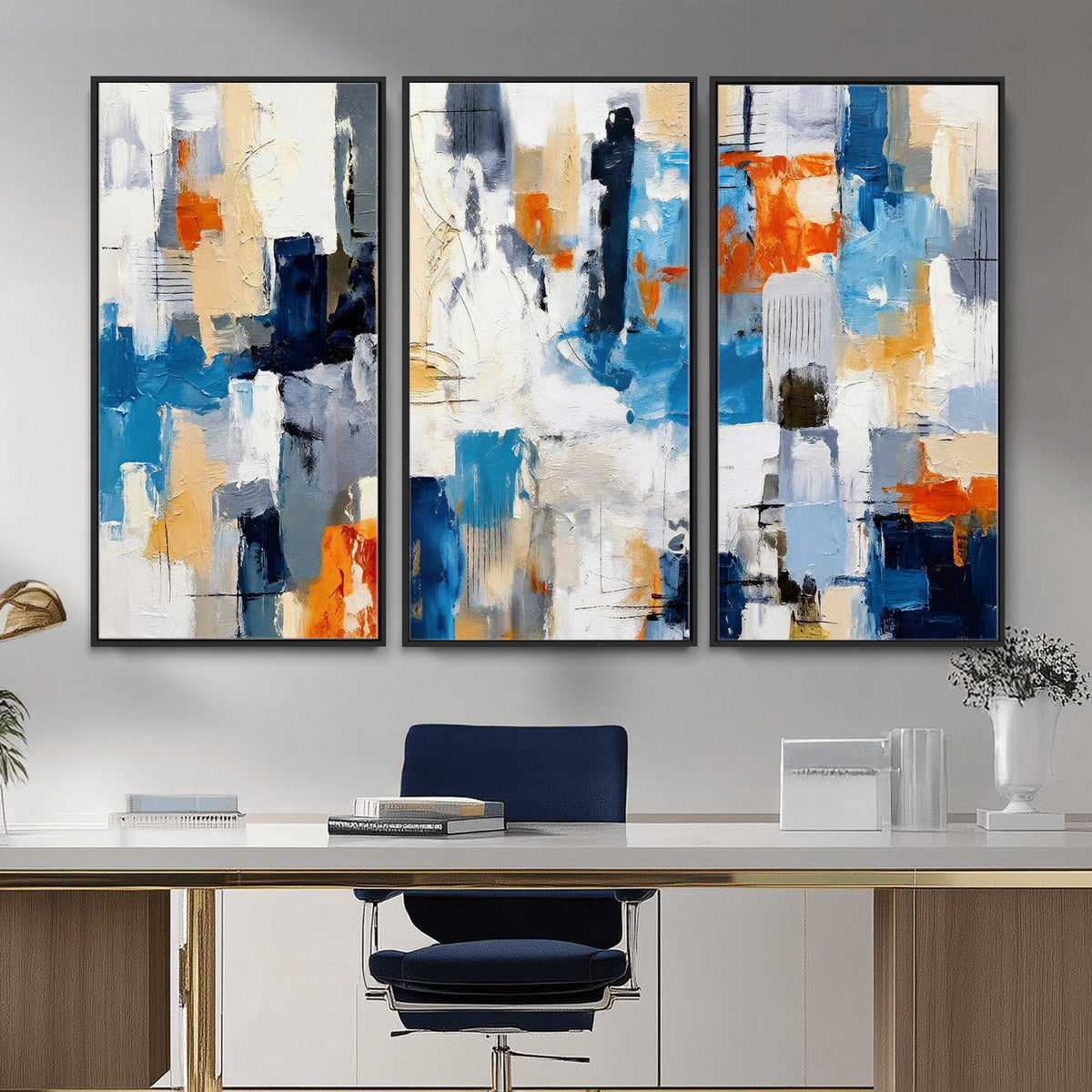 Blue Teal Abstract Canvas Wall Art, Modern Brushstroke Style Painting Print, Navy Orange Contemporary Decor