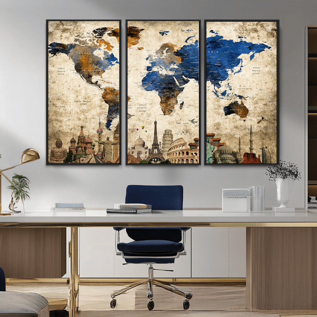 World Map Canvas Print | Vintage Blue and Gold World Map Wall Art
