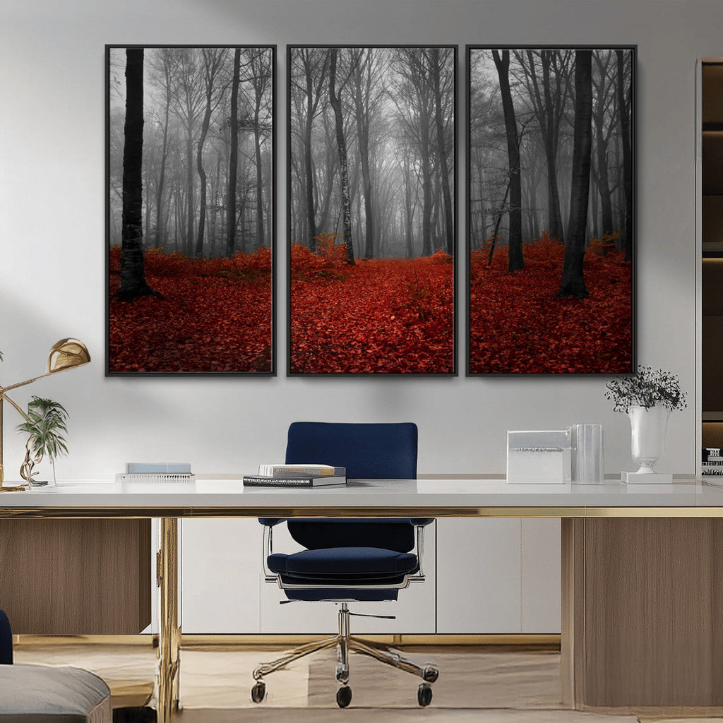 Red Forest Floor Canvas Wall Art | Mystical Foggy Woodland Triptych