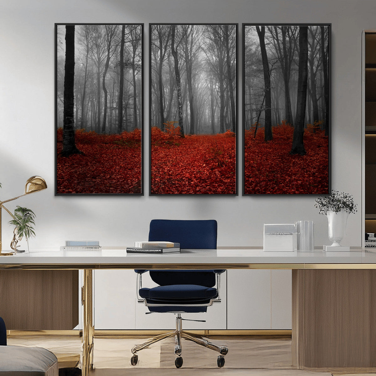 Red Forest Floor Canvas Wall Art | Mystical Foggy Woodland Triptych