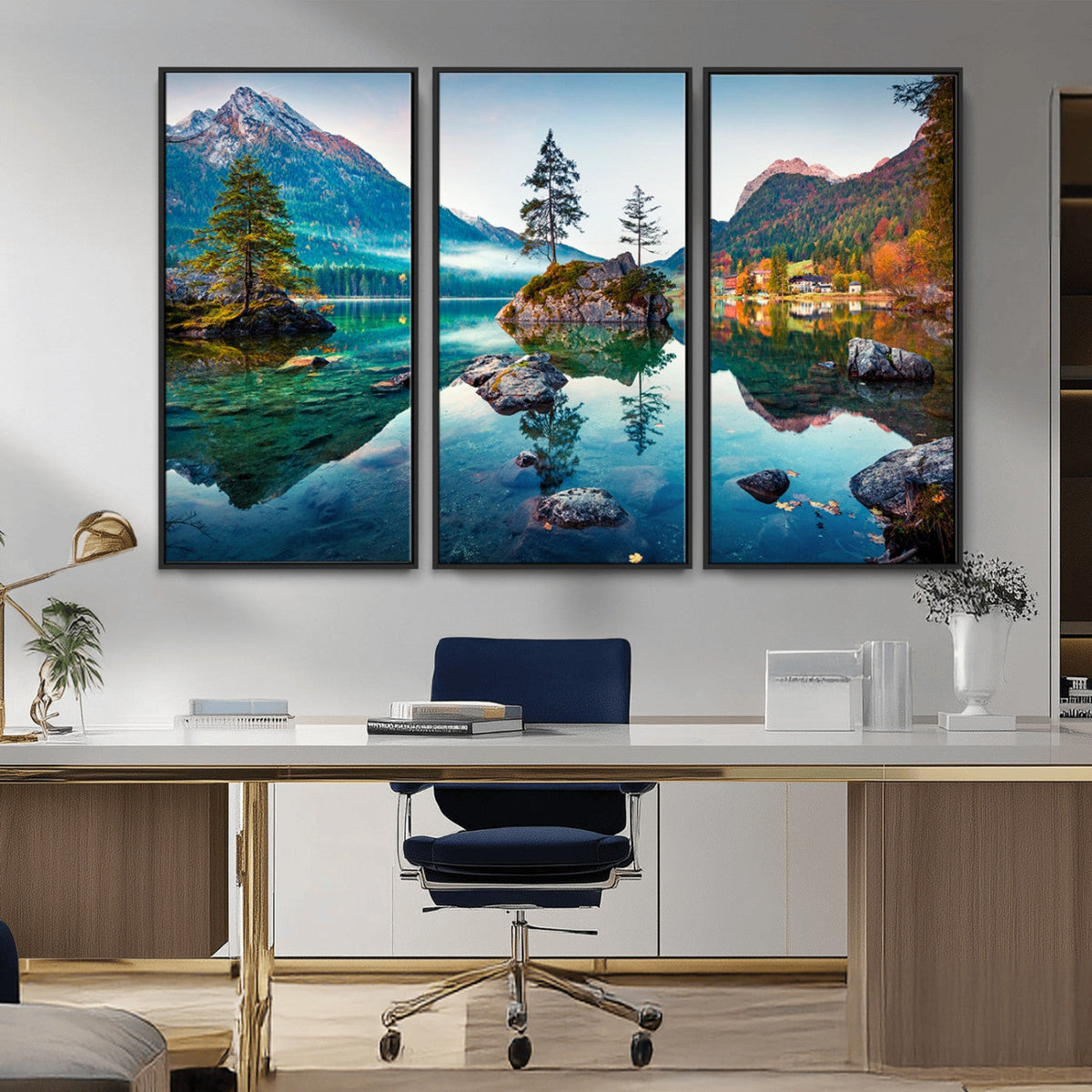 Crystal Clear Lake Wall Art | Mountains Wall Art Canvas | 3 Panel Landscape