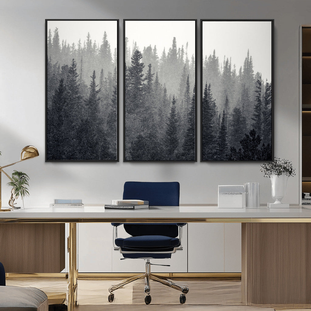Misty Forest Canvas Wall Art | Monochrome Triptych Pine Tree Print