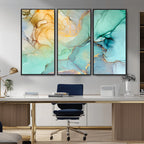 Abstract Aqua and Gold Fluid Wall Art Canvas | 3 Panel Large Canvas Print