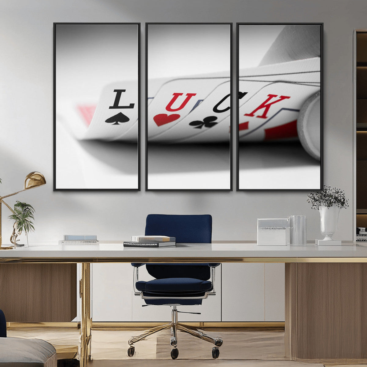 Framed Lucky Poker Cards Canvas | Modern Triptych Wall Art for Game Rooms