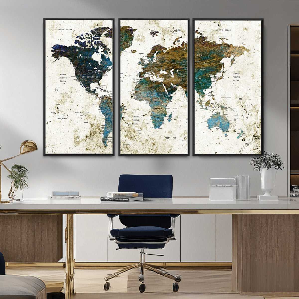 Vintage World Map Wall Art Canvas Print, Framed Rustic Earth Tone Map