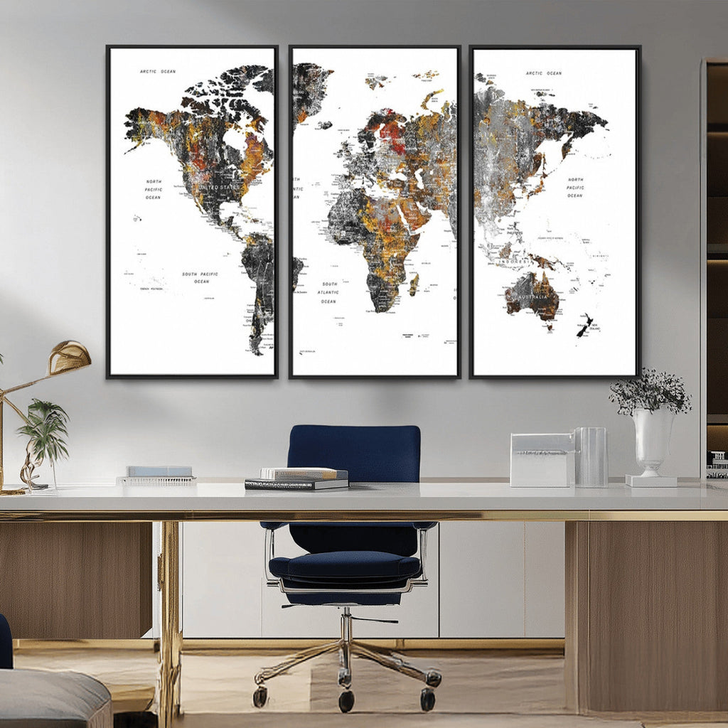 Modern Metallic World Map Canvas Wall Art | Framed Contemporary World Map Print