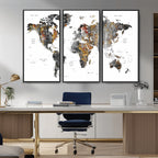 Modern Metallic World Map Canvas Wall Art | Framed Contemporary World Map Print