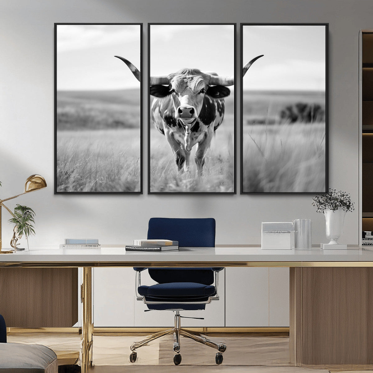 Texas Cow Longhorn Wall Art Canvas Print for Farm House Wall Art, Framed and Ready to Hang