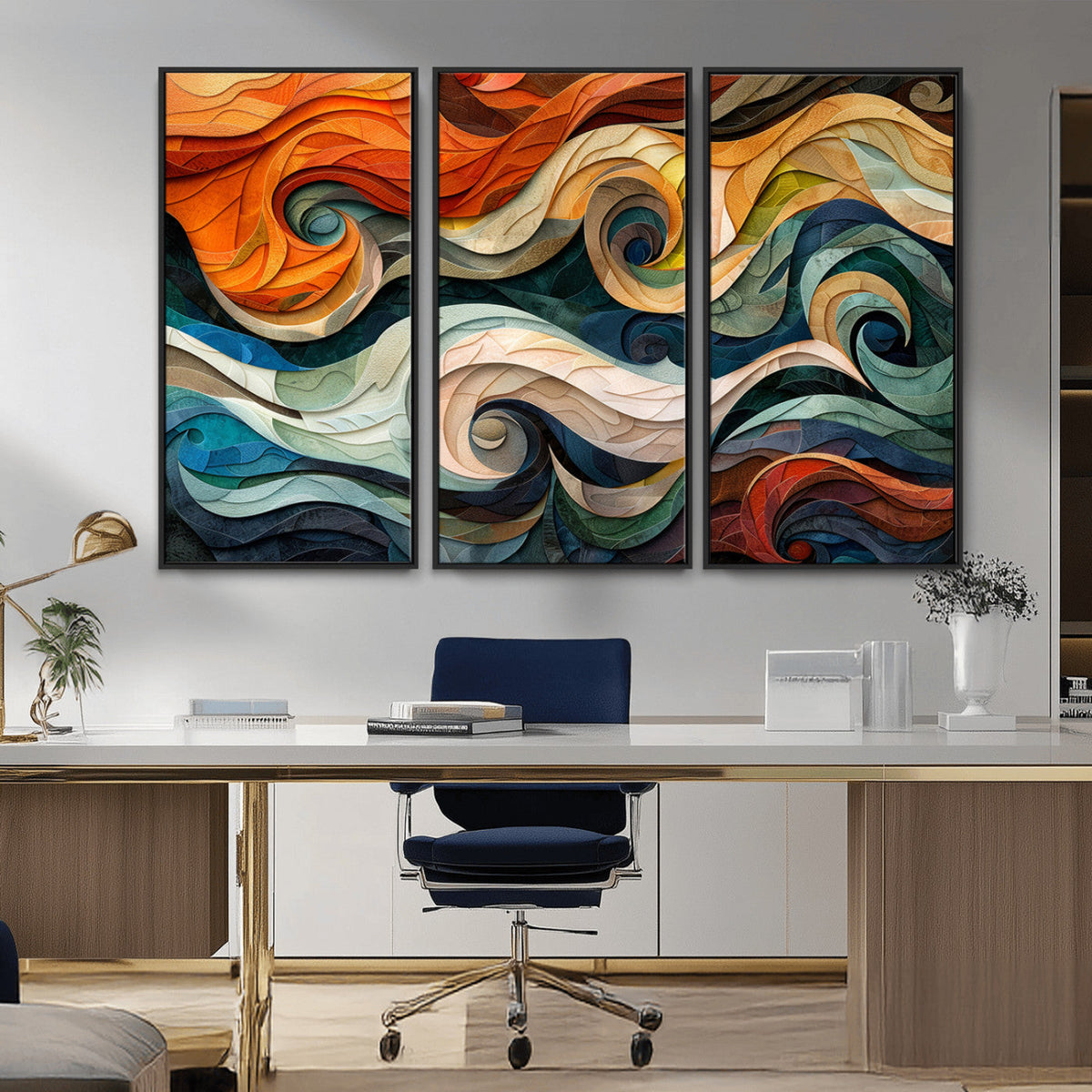 Abstract Wave Wall Art, Ready to Hang Framed Canvas Print | Extra Large 3 Piece Canvas Wall Art