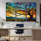 Vibrant Mosaic Tree of Life Wall Art, Stained Glass Style Canvas Print