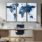 Modern Blue World Map Canvas Print | Elegant Travel Map Wall Art for Home Office
