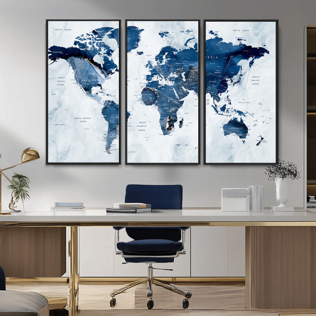 Modern Blue World Map Canvas Print | Elegant Travel Map Wall Art for Home Office