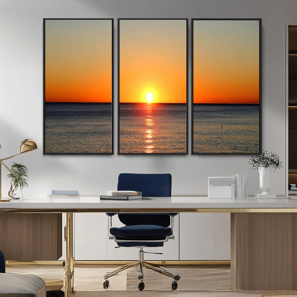 Golden Horizon Sunset Over Ocean Wall Art Canvas Print | Tropical Beach Canvas