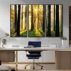 Sunlit Forest Wall Art Canvas Print, Large Framed Woodland Scene with Golden Light