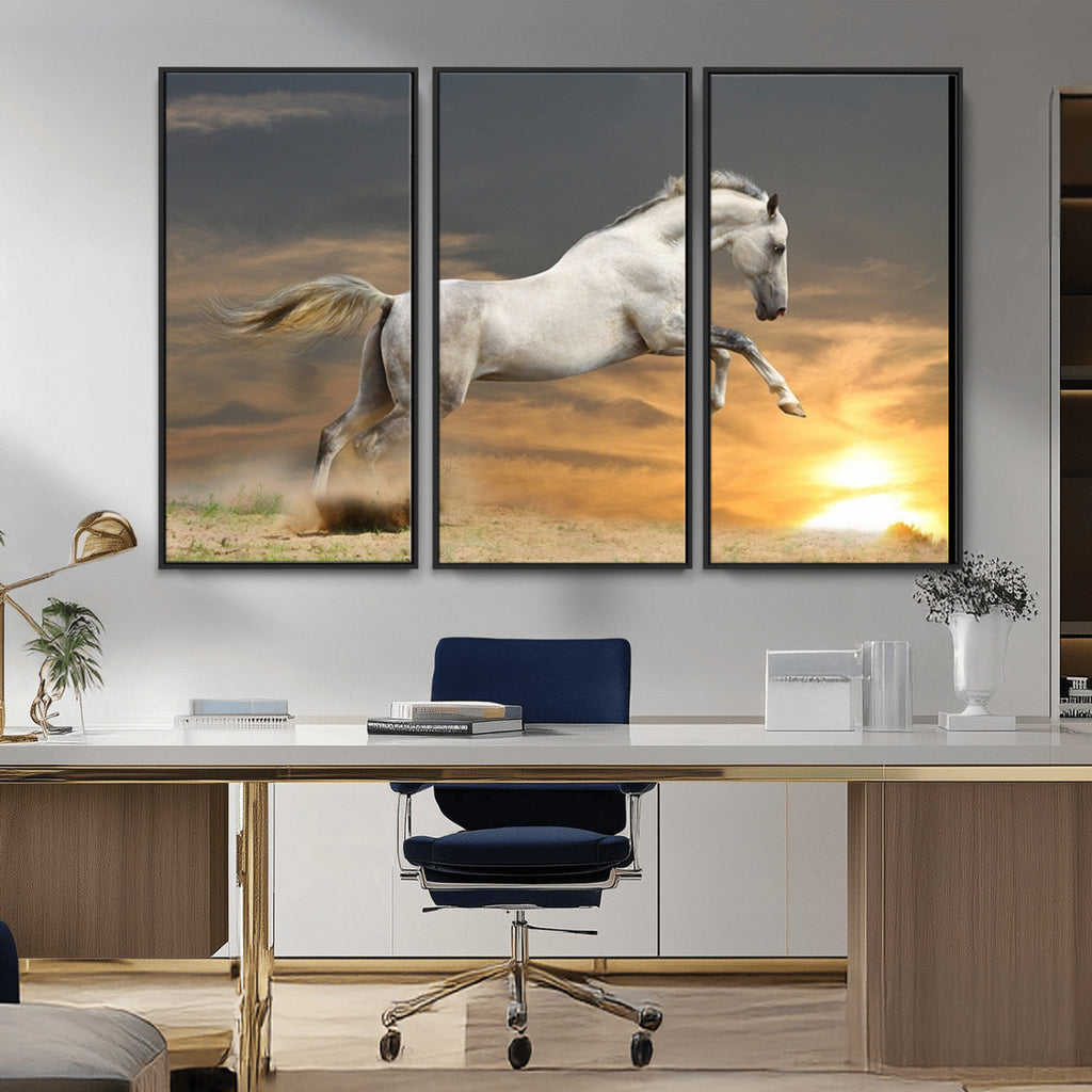 Large Wall Art Canvas Print, White Jumping Horse at Sunset