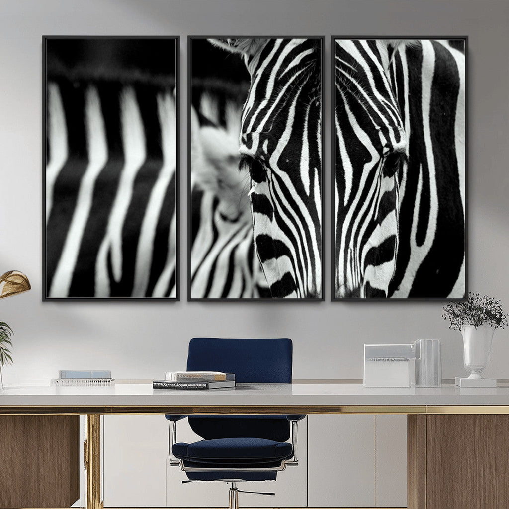 Zebra Wall Art | Zebra Close Up Canvas Print | Framed Black and White Wildlife