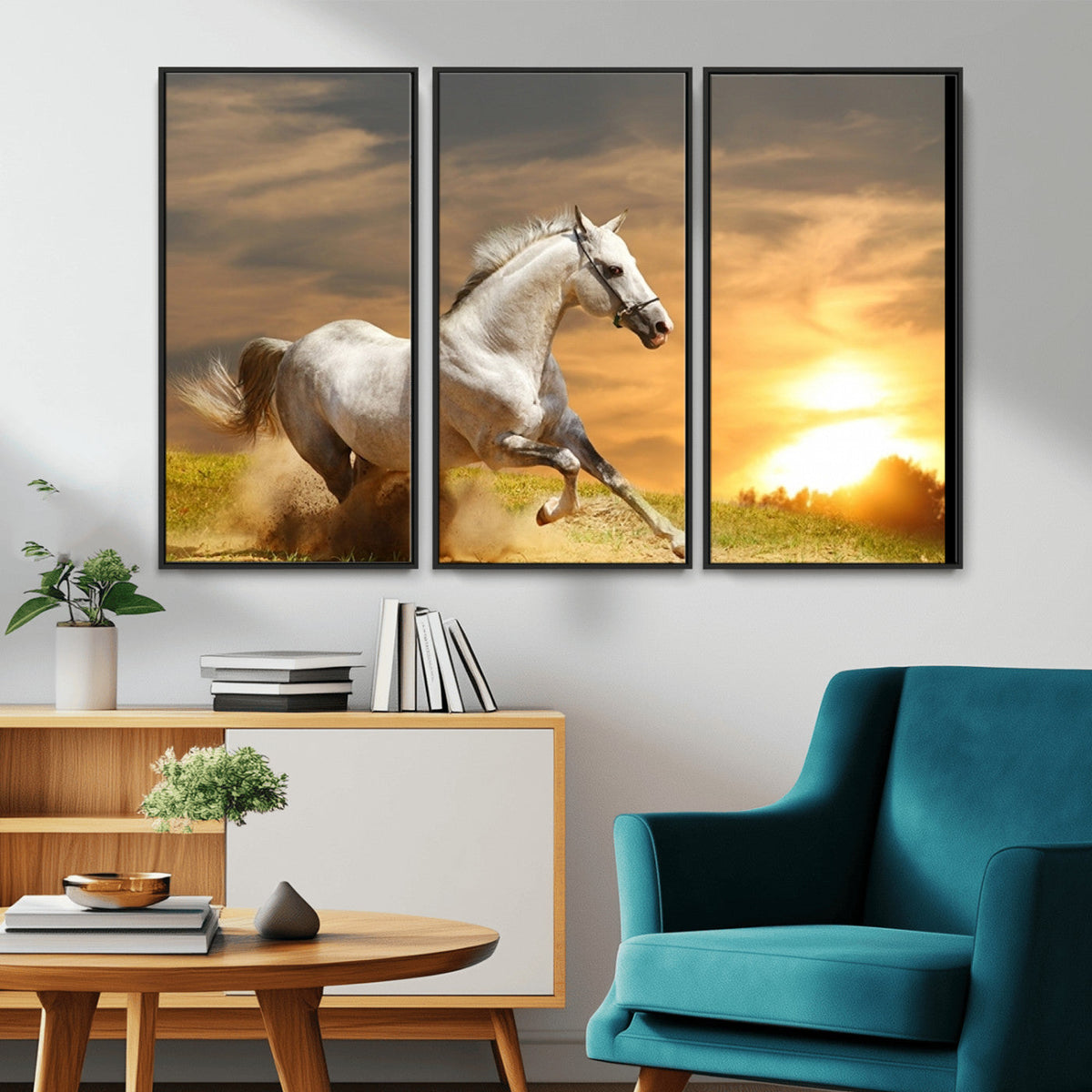 Large Wall Art Galloping White Horse at Sunset Canvas Print