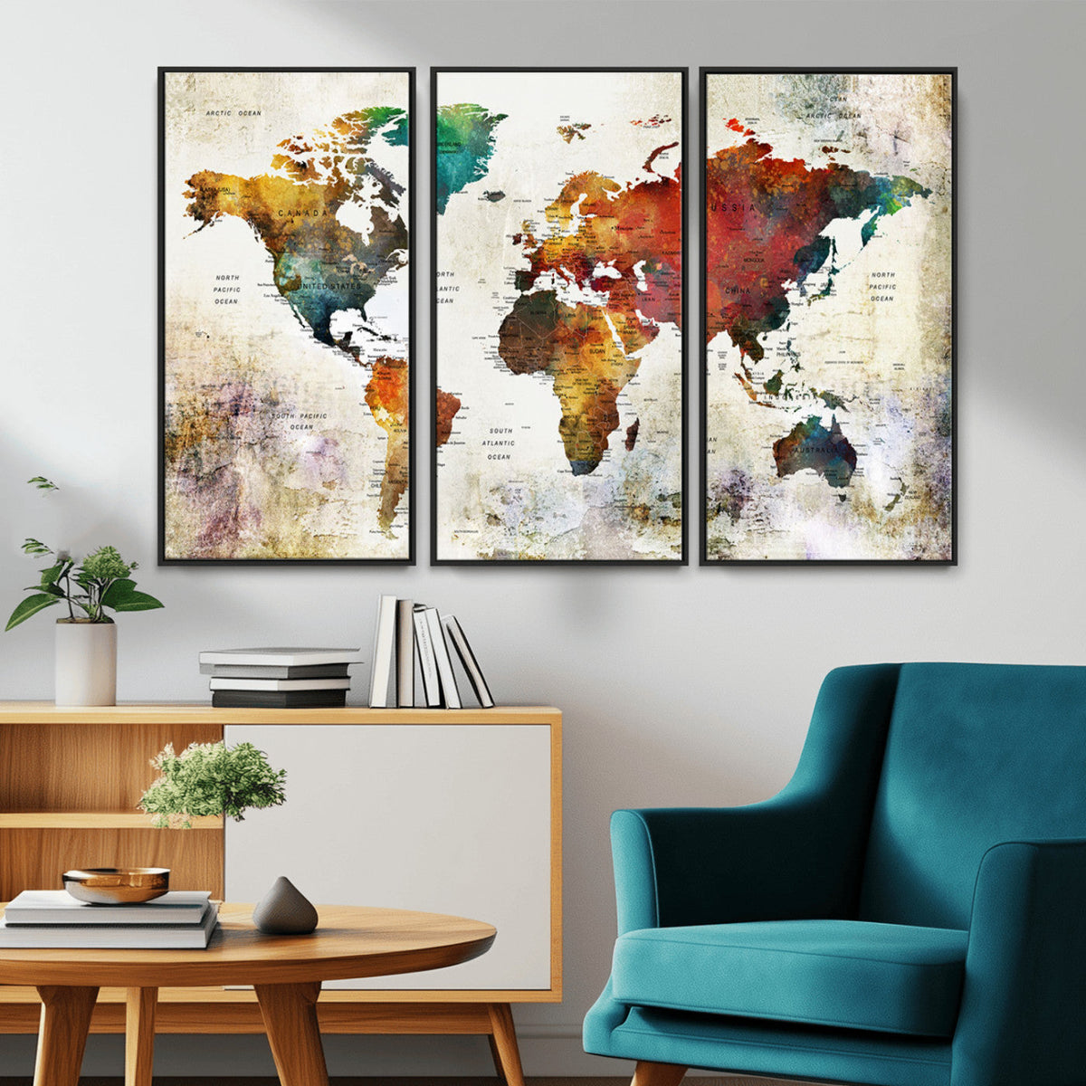 Watercolor World Map Canvas Print | Framed Travel Map Wall Art for Couples