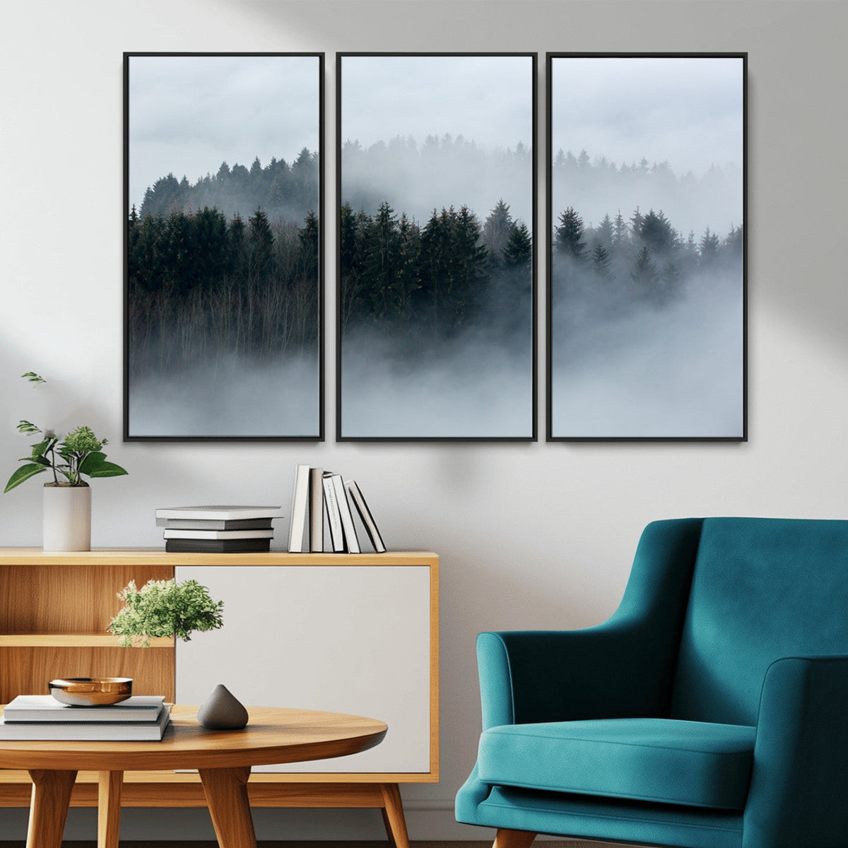 Autumn and Misty Trees in the Forest Wall Art Canvas Print, Foggy Forest Mountain Wall Art
