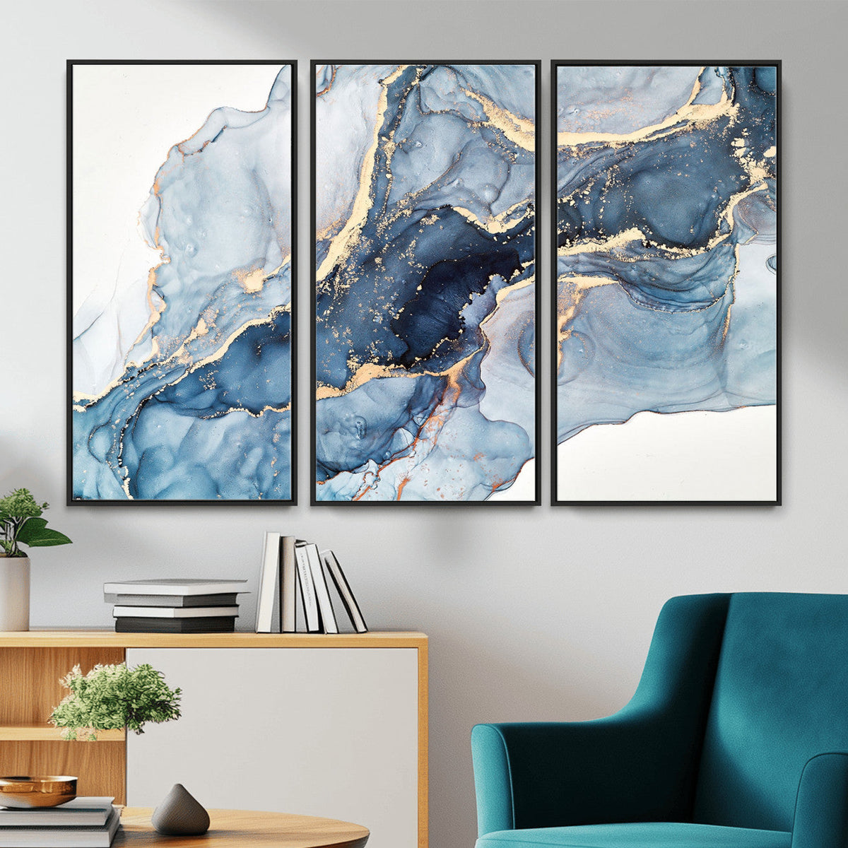Blue Abstract Canvas Wall Art Print | Fluid Marble Effect Abstract Art