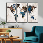 Abstract Earth Tone Blue World Map Canvas Print | Framed Travel Map Wall Art