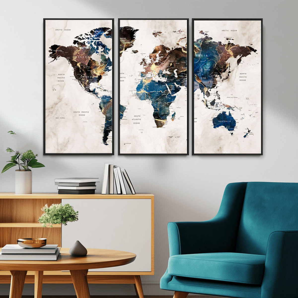 Abstract Earth Tone Blue World Map Canvas Print | Framed Travel Map Wall Art