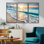 Sunset Beach Waves Canvas Wall Art | Ocean Sunset Coastal Print