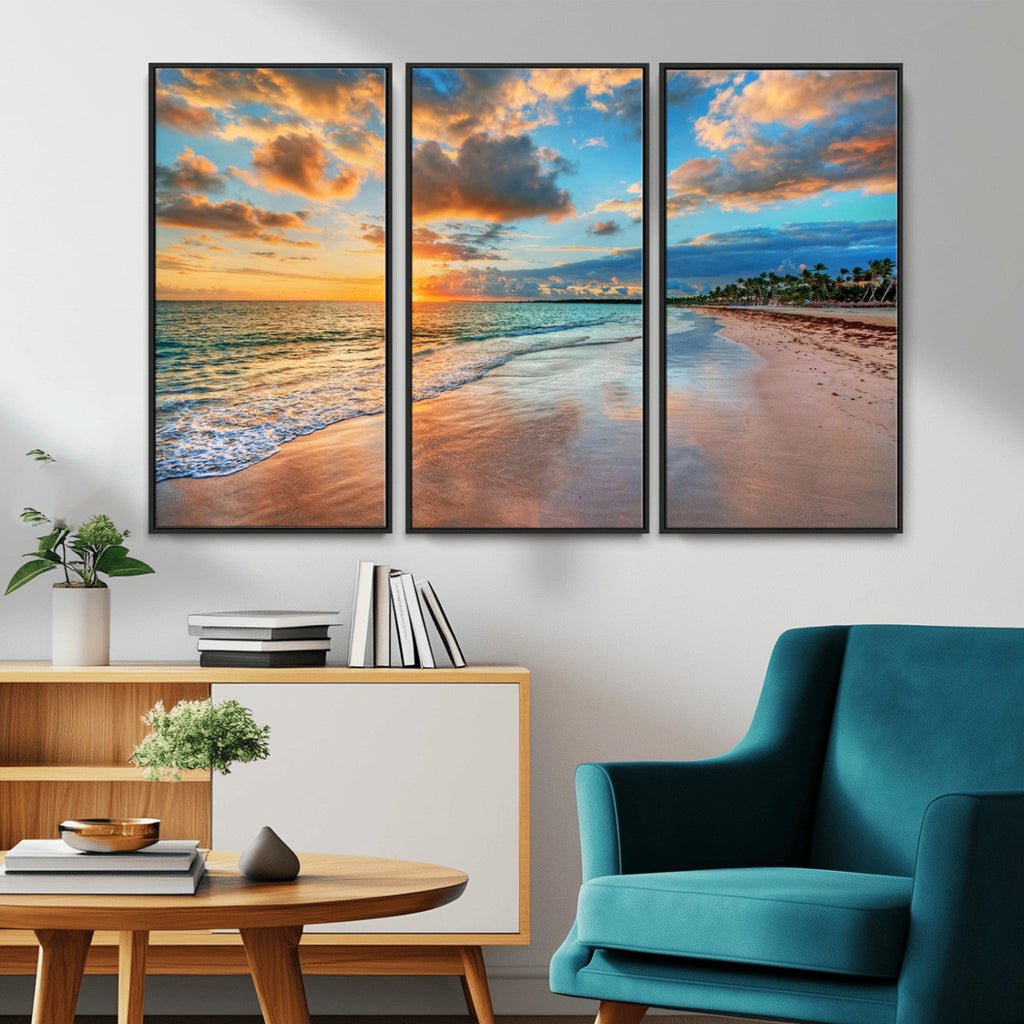 Sunset Beach Canvas Wall Art | Tropical Triptych Seascape Print