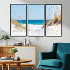 Serene Coastal Dune Path with Ocean View, 3-Panel Beach Canvas Wall Art