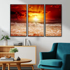 Red Sunset Ocean Beach Canvas Wall Art, Coastal Sunset Print