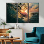 Ocean Wave Sunset Canvas Wall Art | Triptych Seascape Print