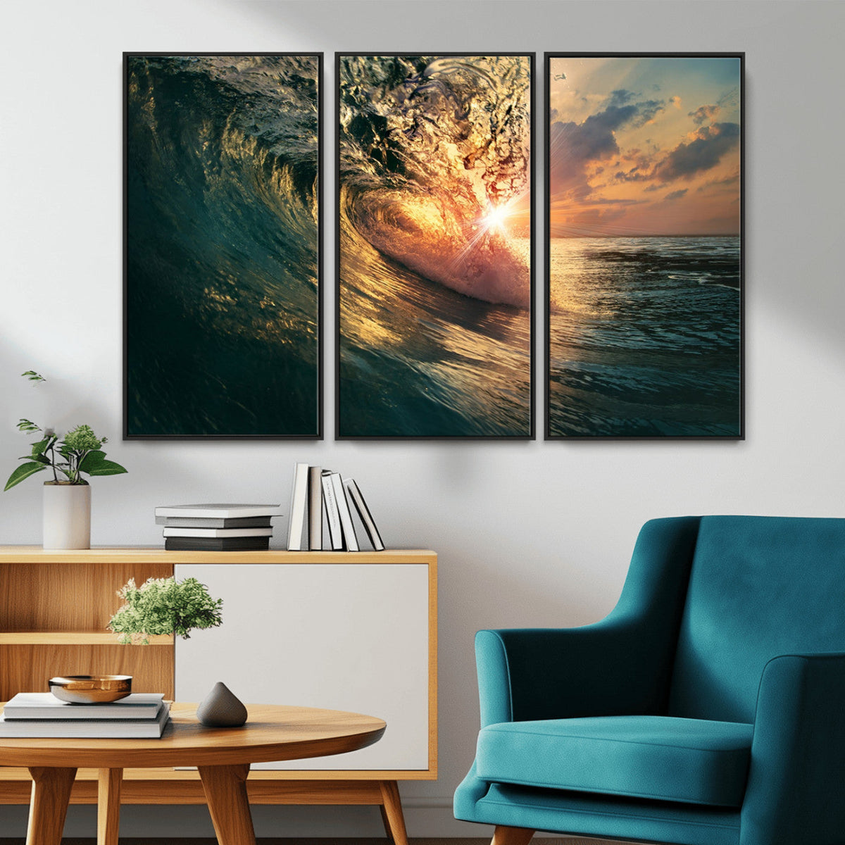 Ocean Wave Sunset Canvas Wall Art | Triptych Seascape Print