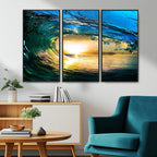 Ocean Wave at Sunset Canvas Art, Large Wall Print of Vibrant Surfing Wave