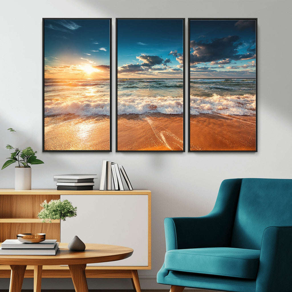 Golden Sunset Beach Triptych Canvas Art, Giclee Coastal Wall Decor, Ocean Waves Print