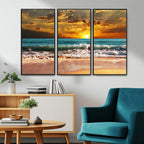 Golden Sunset Beach Canvas Wall Art | Triptych Seascape Print, Framed and Ready to Hang