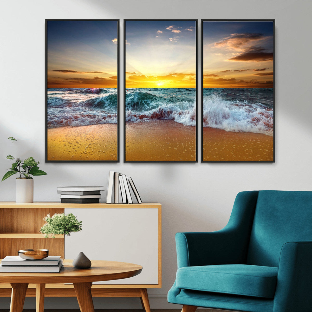 Golden Sunset Ocean Waves Wall Art Canvas Print | Multi Panel Beach Canvas Set, Coastal Triptych