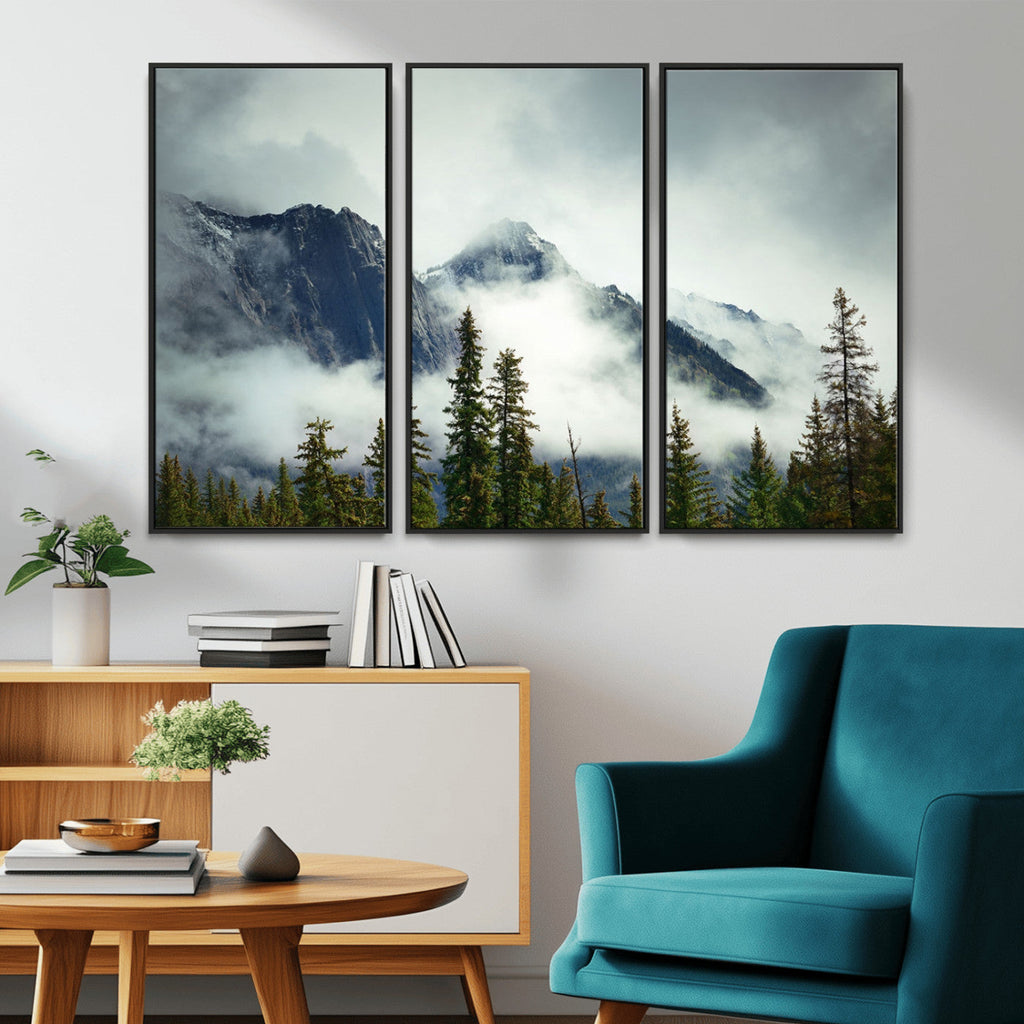 Mountain Mist Canvas Wall Art Print | 3-Panel Foggy Forest and Mountain Landscape