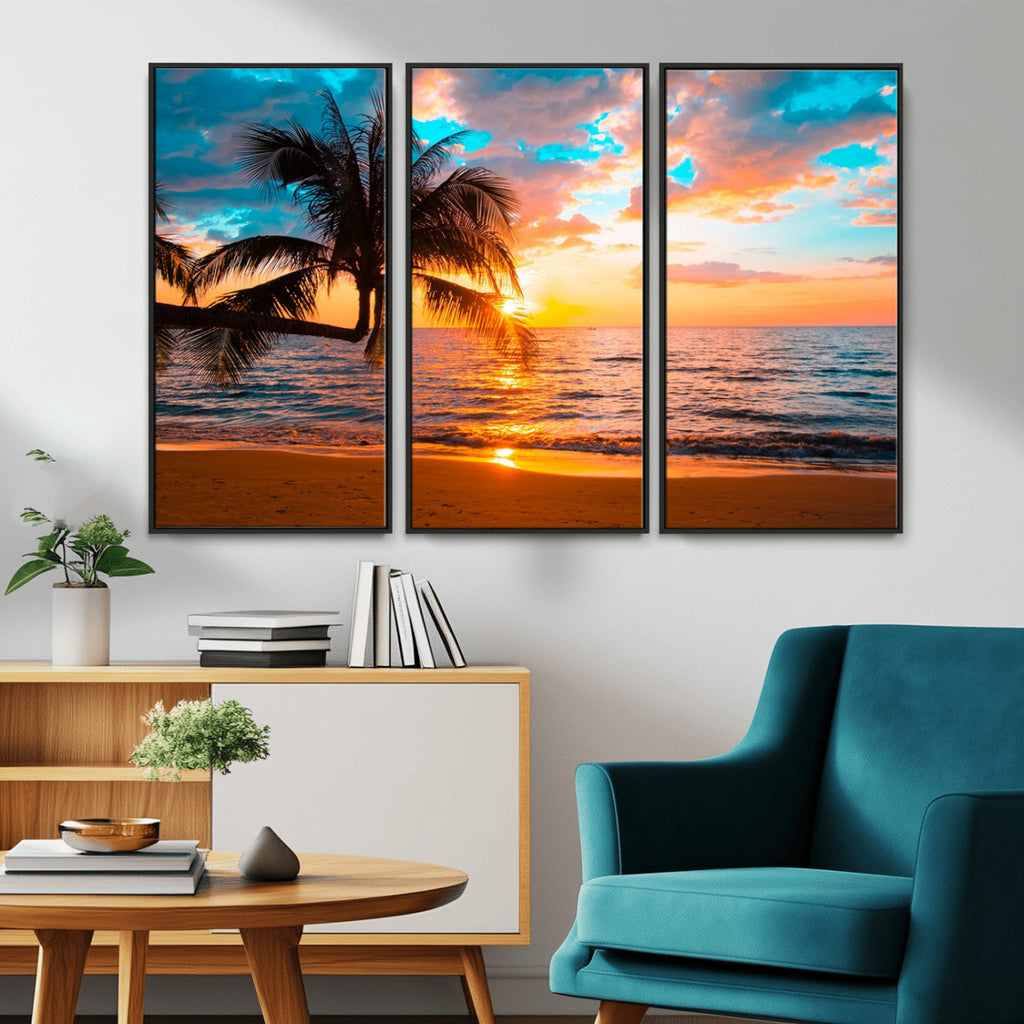 Palm Tree Sunset On The Beach Wall Art Canvas, Framed Palm Tree Sunset Canvas Print
