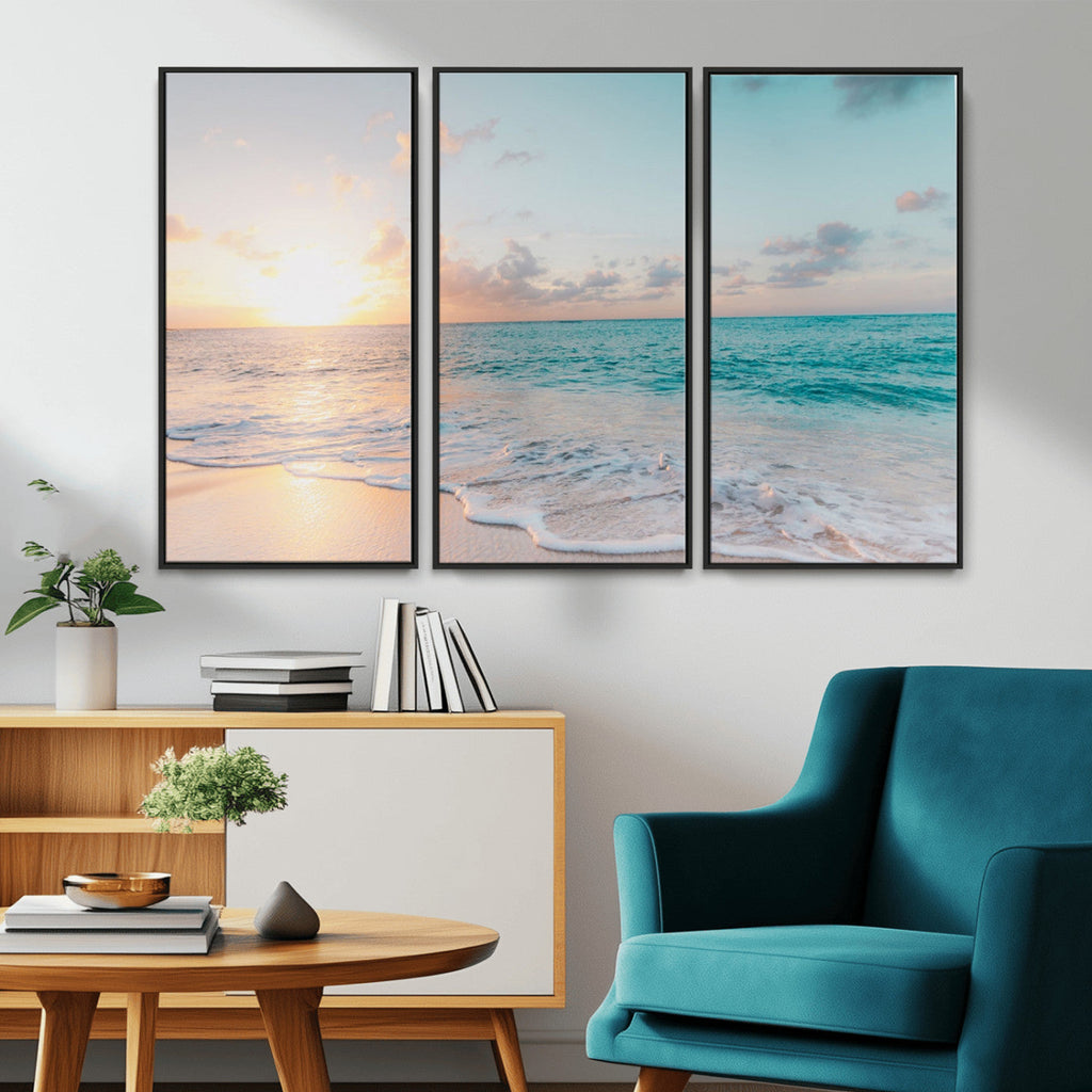 Tranquil Ocean Beach Sunset Canvas Wall Art | 3-Panel Coastal Decor