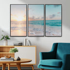 Tranquil Ocean Beach Sunset Canvas Wall Art | 3-Panel Coastal Decor