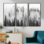 Forest Wall Art Print | Foggy Pine Forest Canvas Wall Art, Black and White Nature Decor