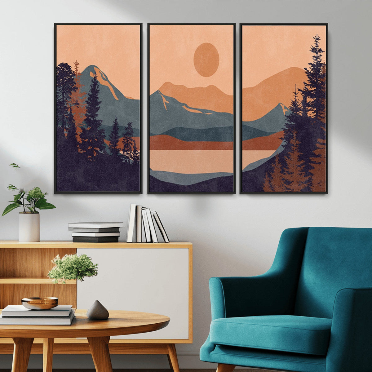 Modern Boho Sunset Canvas Print, Mountain Landscape Triptych
