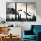 Forest Mountain Print | Black and White Canvas Wall Art with Misty Forest Design