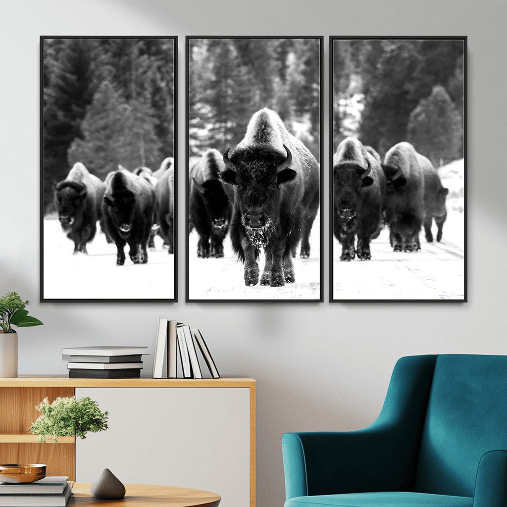 Bison Herd in Snow Wall Art Canvas Print | Rustic Western Bison Wall Art for Living Room and Farmhouse Decor
