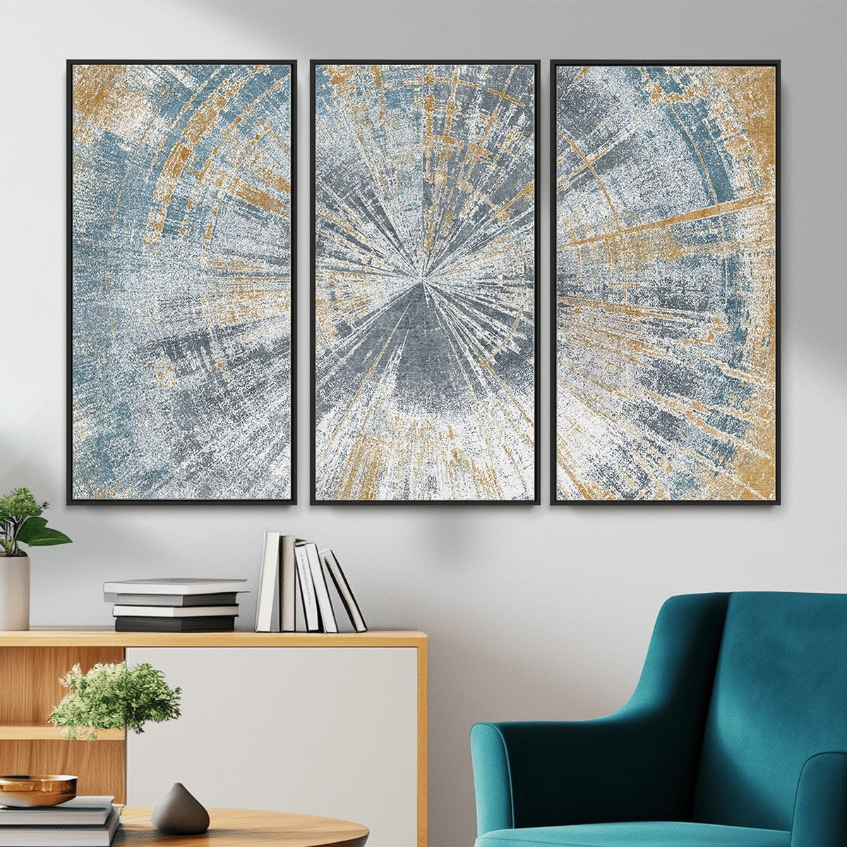 Radiant Abstract Wood Rings Canvas Art, Modern Triptych Wall Decor for Living Room or Office