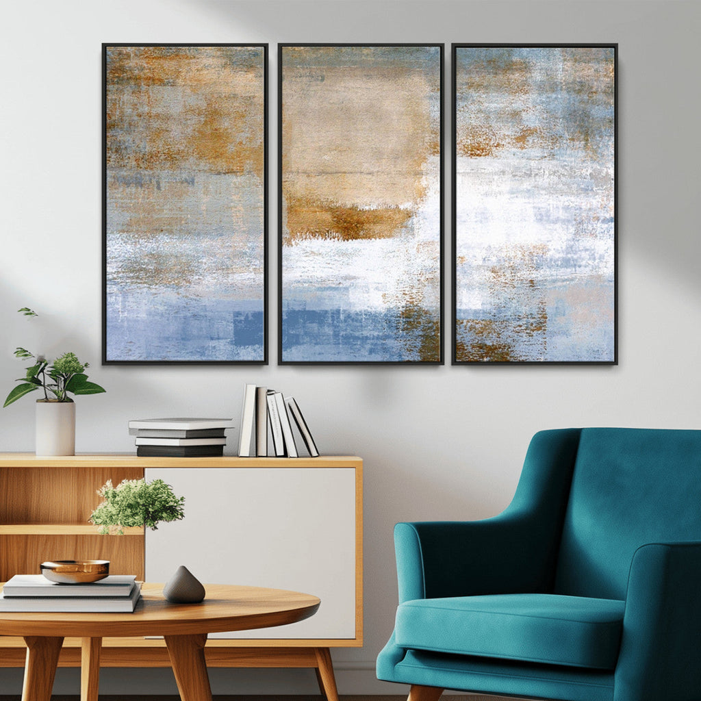 Blue Multi Panel Abstract Wall Art Canvas, Abstract Blue and Gold Canvas Print