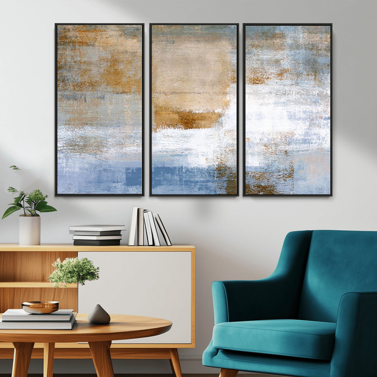 Blue Multi Panel Abstract Wall Art Canvas, Abstract Blue and Gold Canvas Print