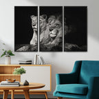 Lion Couple Wall Art Canvas Print, Elegant Black and White Wildlife Portrait