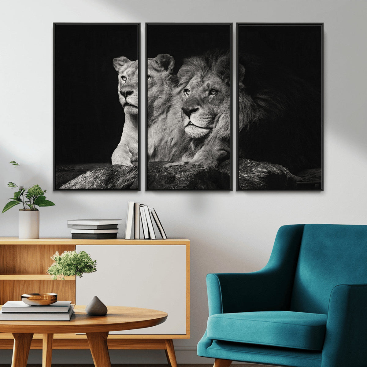 Lion Couple Wall Art Canvas Print, Elegant Black and White Wildlife Portrait